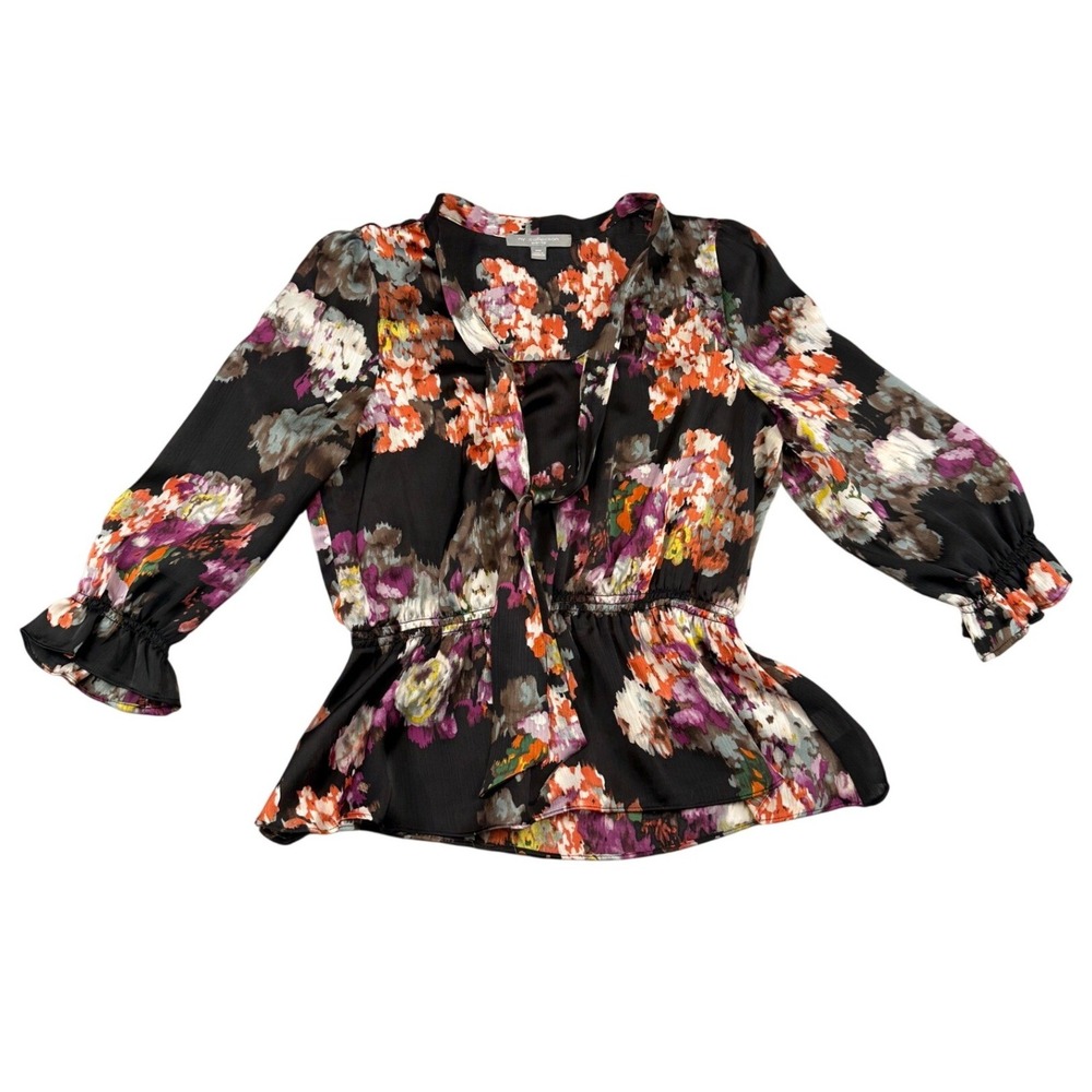 NY Collection Petite Black Floral Peplum Tie Neck Blouse 3/4 Sleeve PM FLAW